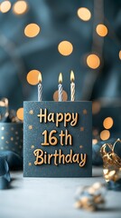 Sweet 16 celebration! Cake with lit candles, bokeh background. Decorative ribbon and gold accents