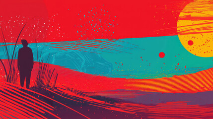 Fototapeta premium Artistic abstract landscape scene featu a solitary person in nature with vibrant colors and bold brushstrokes in a modern illustration style