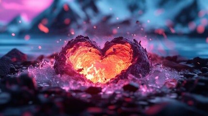 A vibrant heart shape of molten lava emerges from rocky terrain, contrasting with the cool ocean waves and intense purple sky above