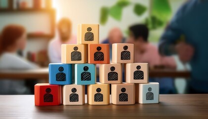 Colorful Wooden Blocks on Table with Human Icons Representing Teamwork and Collaboration in Office Environment