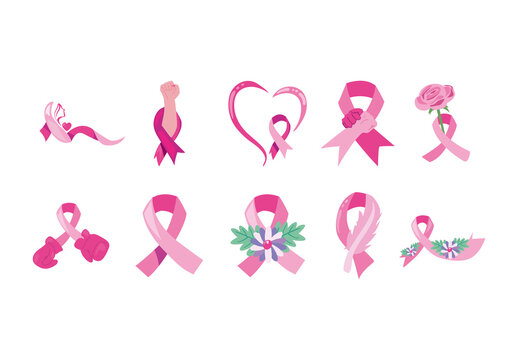 Pink Symbolic Breast Cancer Awareness Ribbon Icons Set