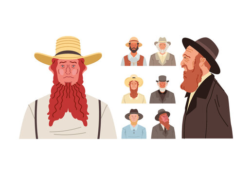 Colorful Traditional Amish Character Portraits Illustration Set