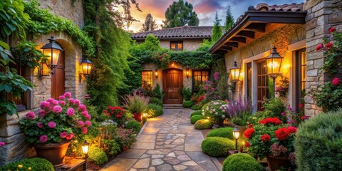 Fototapeta premium Evening ambiance of a charming stone house courtyard, illuminated by warm lamplight, showcasing a lush and vibrant floral garden with a stone pathway leading to a wooden door.