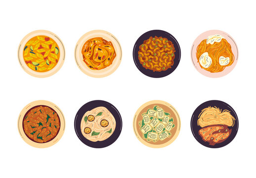 Colorful Assorted Pasta Dishes Illustration Set