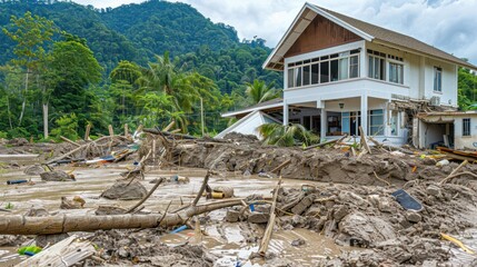 Show a house buried under debris and mudslides after heavy rainfall or a landslide, highlighting the destructive power of nature. white scene.