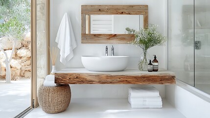 Minimalist bathroom with rustic wood, stone accents, white sink, and natural light
