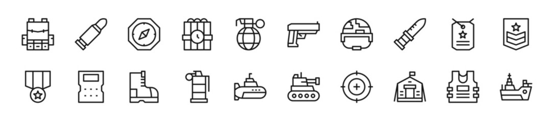 Set of military icons. 16 sets of military icons. Military icons. Simple line military icons	
