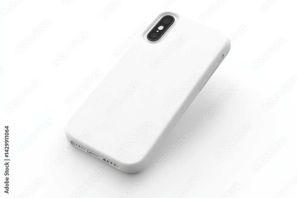 Poster a pristine white smartphone case, angled and displayed on a plain background.