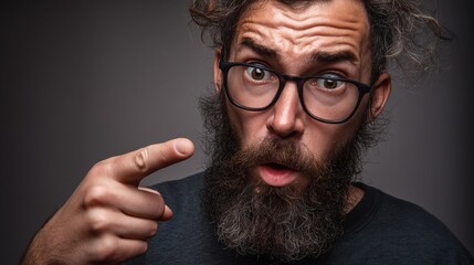 A bearded man with glasses points directly at the viewer, conveying a sense of accusation or surprise against a plain background.