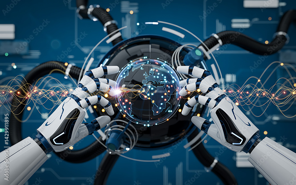 Poster robot hands holding digital earth globe artificial intelligence concept depicting global network con