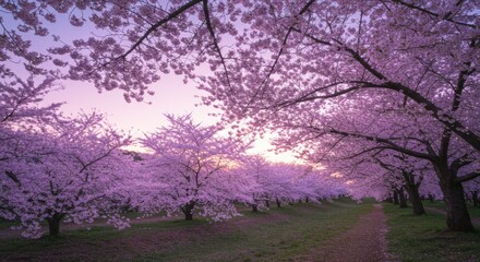 Cherry blossom trees in full bloom with pink flowers at sunset