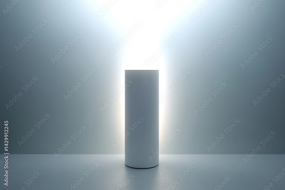 Poster illuminated cylindrical object on a minimalist backdrop.