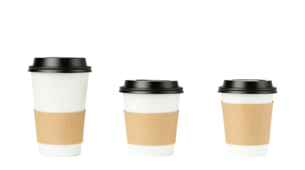 Three coffee cups of varying sizes with paper sleeves and black lids on a white background. on transparent background.