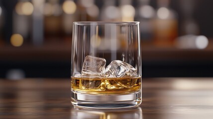 Crystal Clear Whiskey Glass with Ice Cubes on a Wooden Countertop in a Distant Bar Setting