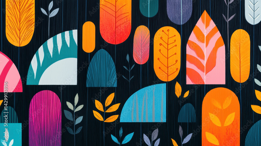 Poster colorful abstract pattern with vibrant leaf and geometric shapes in various hues on a dark backgroun