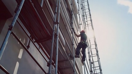 Construction Worker Climbing Scaffold