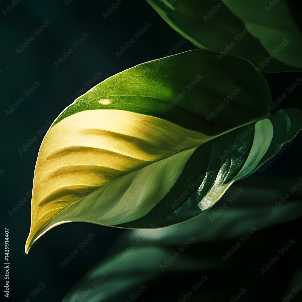 Poster a vibrant green leaf with a captivating curved pattern is highlighted by contemporary cinematic ligh