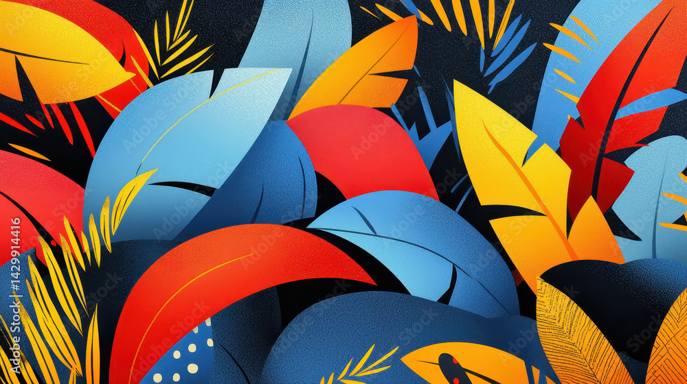 Poster vibrant tropical leaves in bold colors with intricate patterns and diverse textures creating a livel