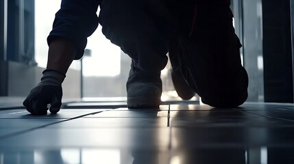 Construction Worker Installing Floor Tiles