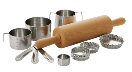 A collection of baking tools including a wooden rolling pin, measuring cups, and metal baking molds on a clean surface