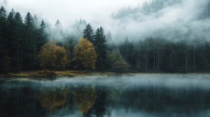 Obraz premium Misty morning on a serene lake in the forest. Tranquil scenery with fog, trees, and water.