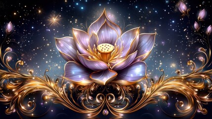 A luminous lotus flower framed by ornate gold embellishments.