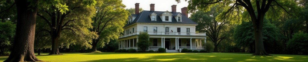 Naklejka premium Grand antebellum home, meticulously preserved , green, landscape, doors