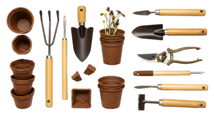 A collection of gardening tools including pots, trowels, and pruners arranged neatly, ideal for planting and gardening projects