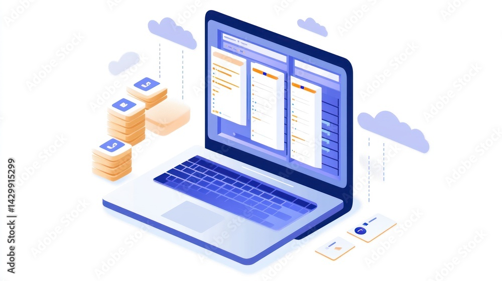 Aufkleber isometric illustration depicting cloud data management and computer interaction