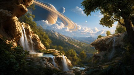 A beautiful landscape with a large planet in the sky and a waterfall