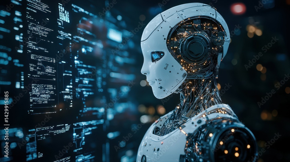 Poster futuristic humanoid robot with glowing circuitry against a digital backdrop.
