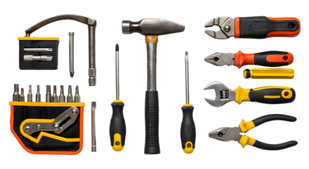 A collection of various hand tools including a hammer, pliers, and screwdrivers arranged neatly on a white background (1)