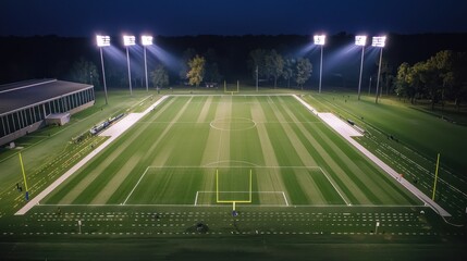 Dramatic Aerial View of a Well-Illuminated Football Field at Night with Perfected Lines