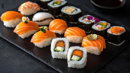 High-End Sushi Plate with Fresh Ingredients and Artful Presentation on Dark Background