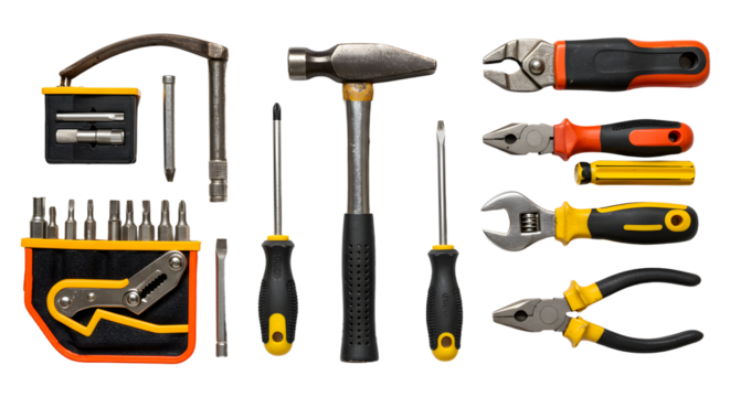 A collection of various hand tools including a hammer, pliers, and screwdrivers arranged neatly on a white background (1)