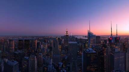 New York City skyline at sunset, showcasing urban architecture and vibrant colors.
