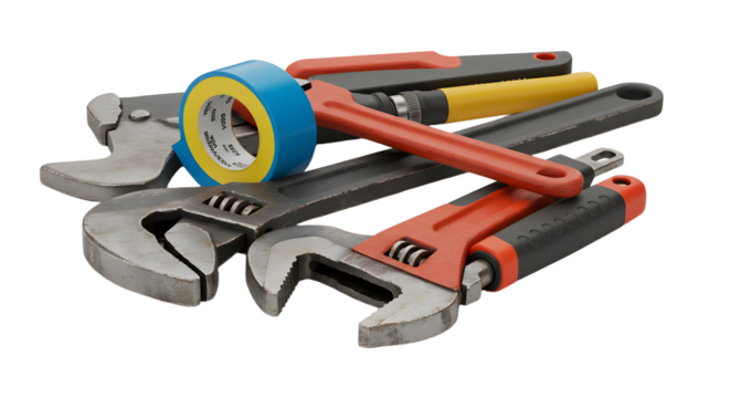 A collection of various hand tools including wrenches and tape, arranged on a clean surface, ideal for DIY projects