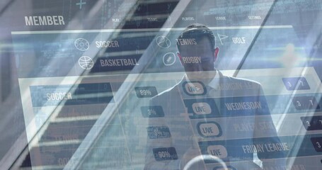 man checking smartphone in modern lobby, showing live sports analytics graphics with percent stats - Powered by Adobe