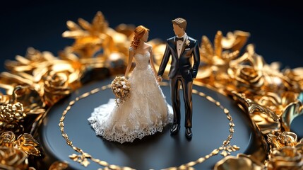 Elegant Bride & Groom Figurines on Ornate Gold Rosette Base
