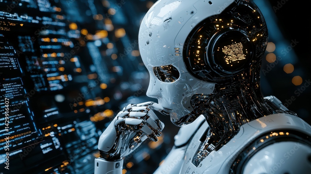 Poster a futuristic robot deep in thought, surrounded by digital data and blue light.