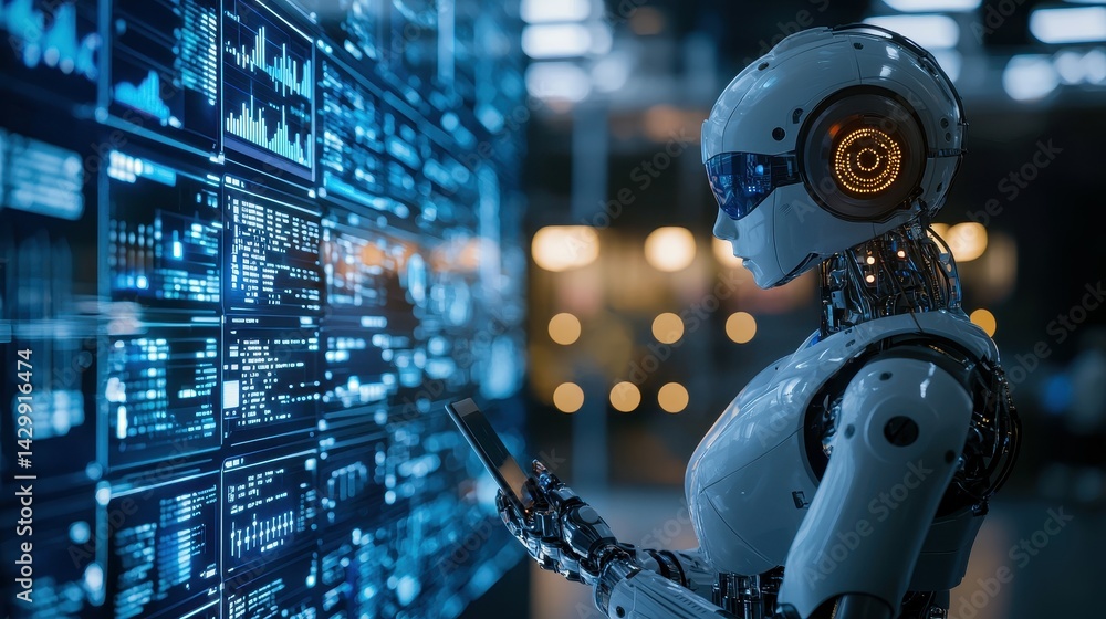 Aufkleber futuristic female robot interacting with digital data displays in a tech environment.