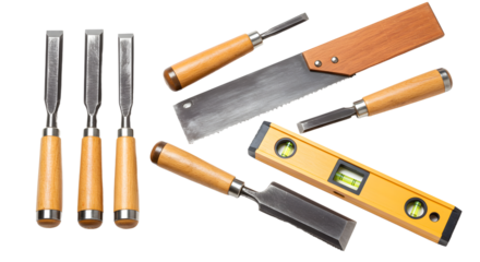 A collection of woodworking tools including chisels, a saw, and a level, arranged neatly on a white background for showcasing craftsmanship