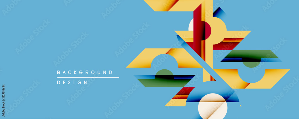 Aufkleber Abstract geometric shapes overlap on blue backdrop. Yellow, green, gray elements create dynamic composition. Modern design for backgrounds, presentations, branding.