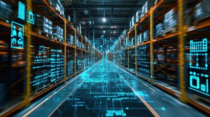 Futuristic warehouse with digital data overlay and organized shelves.