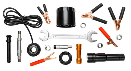 A detailed arrangement of various tools including wrenches, cables, and connectors, set against a clean background for easy identification