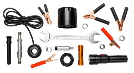 A detailed arrangement of various tools including wrenches, cables, and connectors, set against a clean background for easy identification