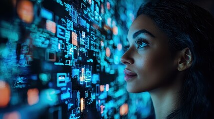 Young Black woman gazing at digital data on a futuristic screen.