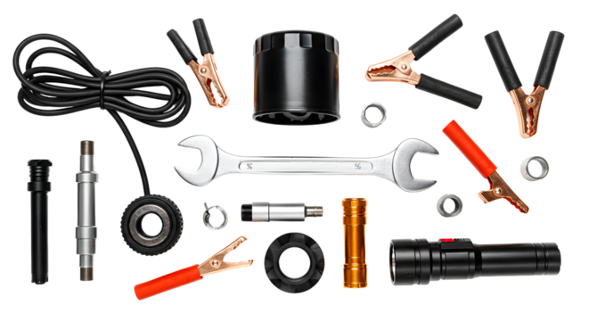 A detailed arrangement of various tools including wrenches, cables, and connectors, set against a clean background for easy identification