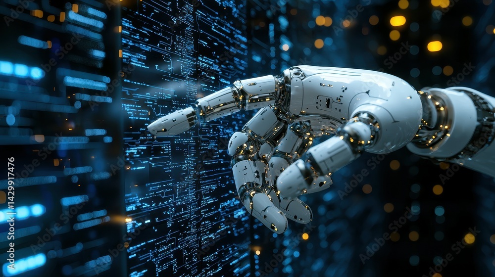 Poster close-up of a robotic hand reaching towards a digital interface with glowing data.