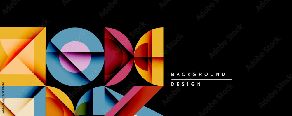 Poster abstract geometric shapes overlap, creating vibrant colorful composition. black background emphasize